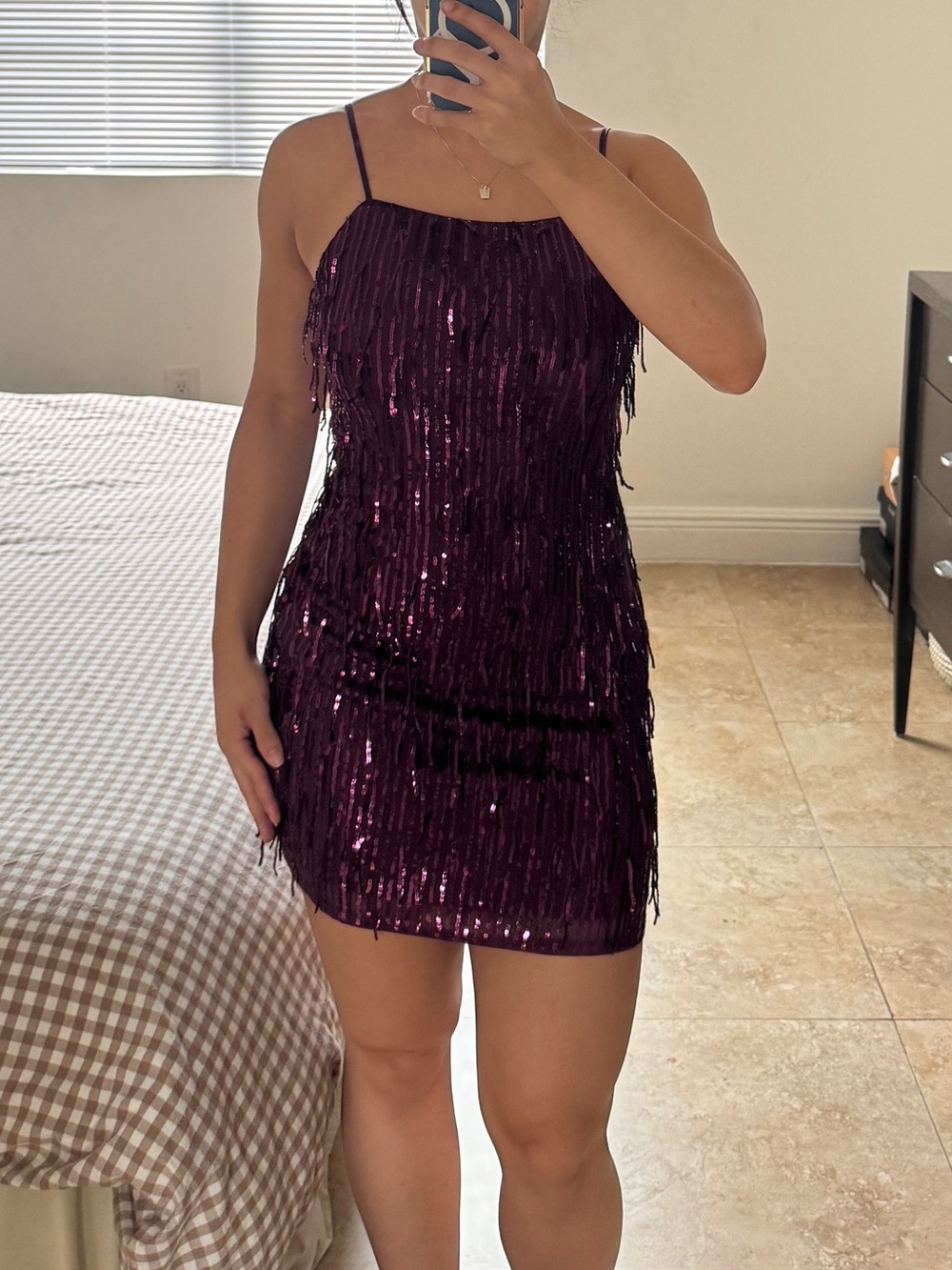 TRIXXI Plum Sequin Fringe Mini Dress Size S Cocktail Party Holiday NYE Flapper